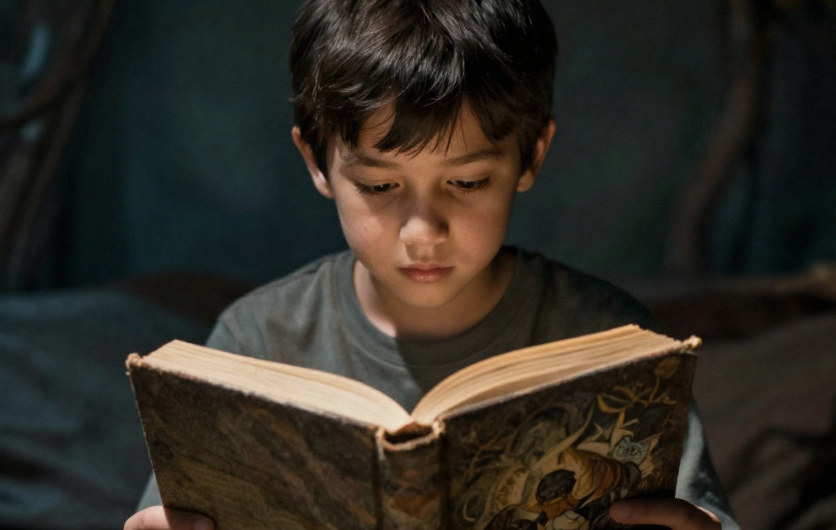 A boy reading a fantasy book