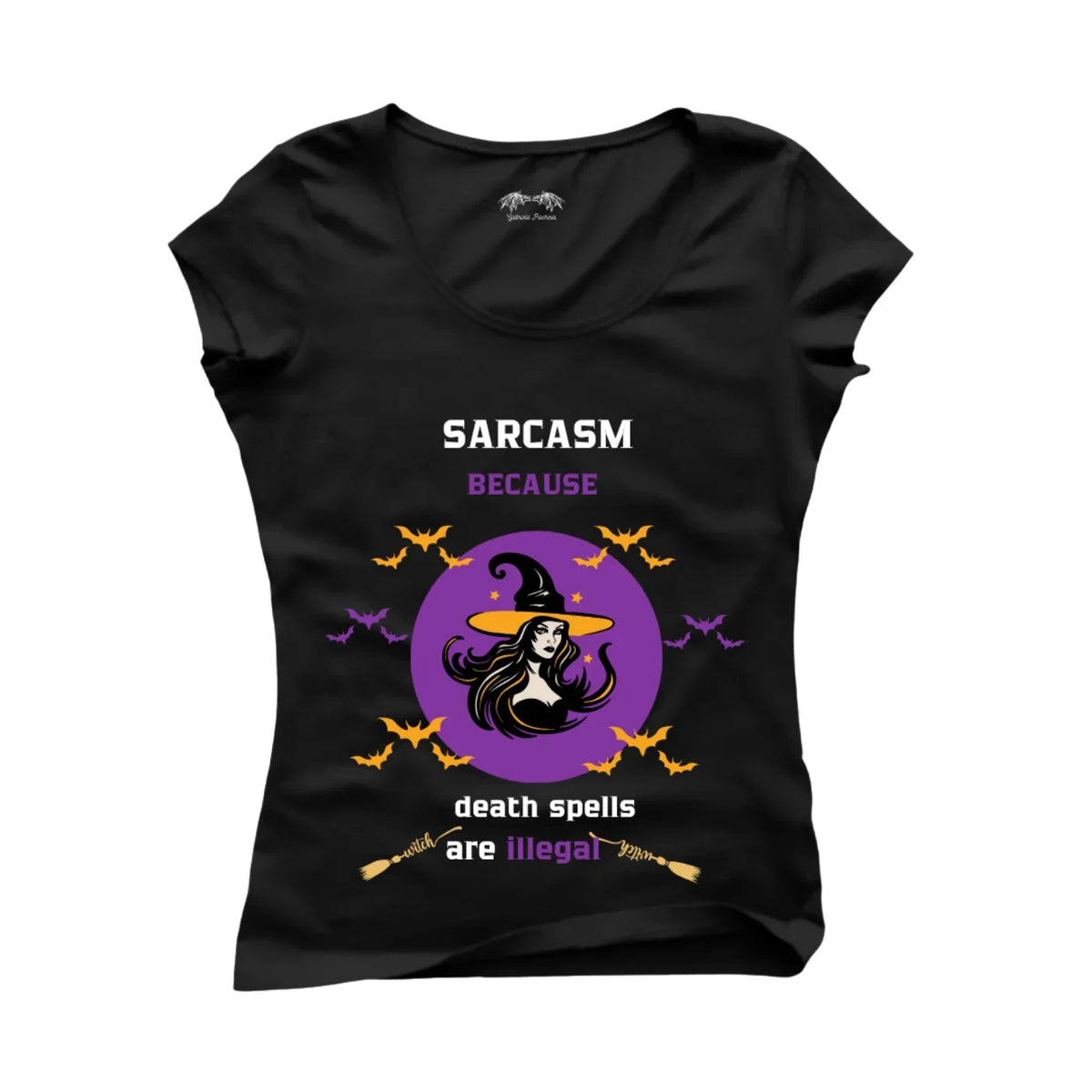 Черна тениска с принт на вещица и надпис SARCASM because death spells are illegal