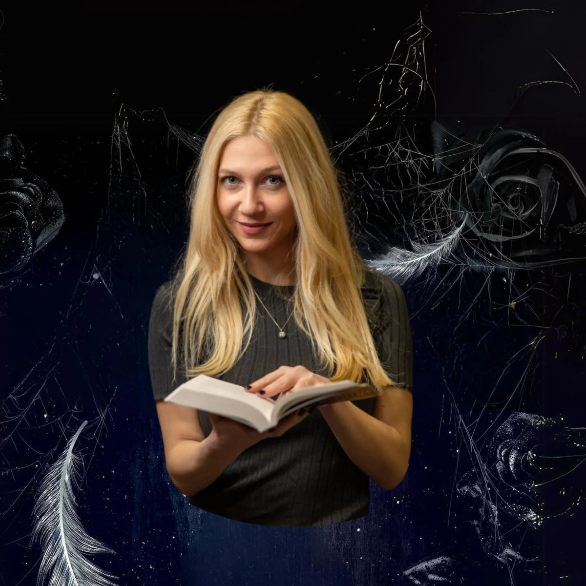 Млада жена с руса коса, четяща книга на тъмен фентъзи фон